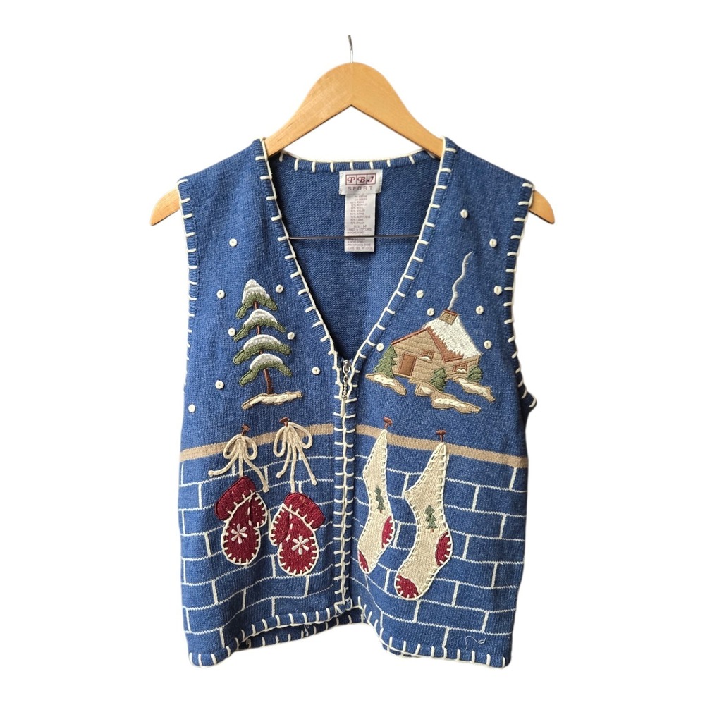 VTG PBJ Sport  Sweater Vest Stockings Christmas Ugly‎ Wool Blend Medium